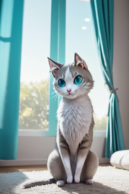 depth of field, perfect lighting, light particles,(best quality),(masterpiece),(ultra detailed),sharp focus,  puck, :3, aqua_eyes,  blue_eyes, cat, :d, smile, solo, tail, pov, close-up,  upper body, windows, curtains,  bedroom, all fours,