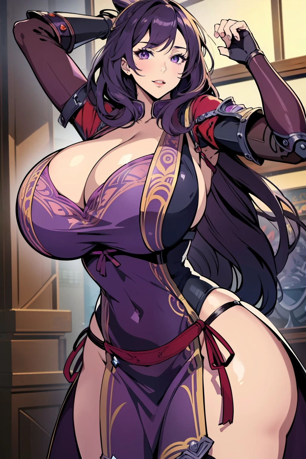 An anime-style artwork depicting rixia mao
Tags: best quality, (masterpiece:1.2), illustration, absurdres, (1girl), (solo), (beautiful detailed girl), (upper body, portrait), Rixia Mao, (dark purple hair), medium hair, purple eyes, huge breasts, purple china dress, armored boots, thighhigh boots, thigh boots, armored gauntlet, pelvic_curtain, , anime, detailed eyes, detailed lips, , , smiling expression, intense gaze, dynamic pose, indoor, palace, vibrant colors, digital art, high-resolution, professional quality, gigantic breasts, (cleavage:1.1),  curvy, cowboy shot, (gigantic breasts: 1.4),