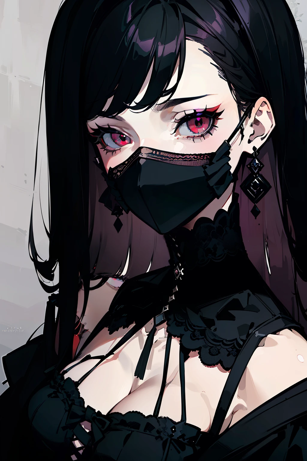 (highest quality、masterpiece:1.2), ((mature woman))huge , adult face、black hair、two side up、red eyes, (mouth mask, cover half of the face) (dark eye shadow、lots of earrings) gothic dress, black dress, victorian dress