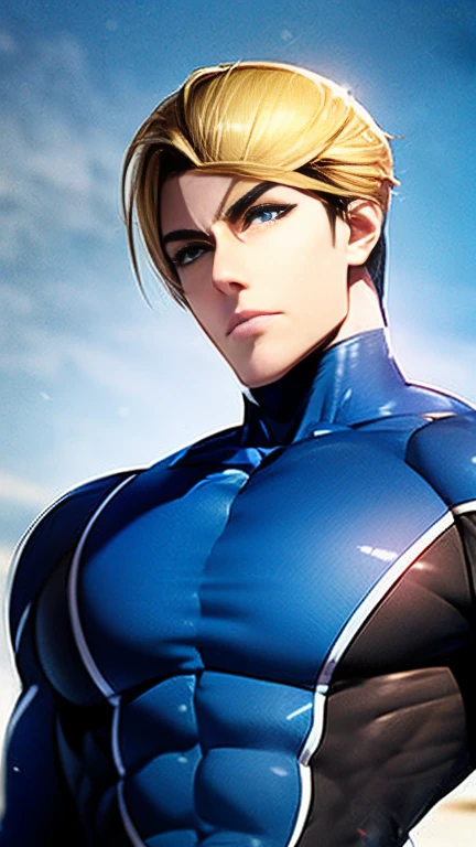 ( High-definition CG), (Best Quality),    a superhero with a beautiful body,  hero costume , Handsome and cool young man  ,     Slim and Muscular    , My skin is brown ,  Blonde, Frivolous