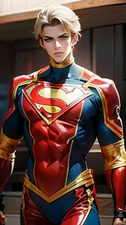 ( High-definition CG), (Best Quality),    a superhero with a beautiful body,  hero costume , Handsome and cool young man  ,     Slim and Muscular    , My skin is brown ,  Blonde, Frivolous