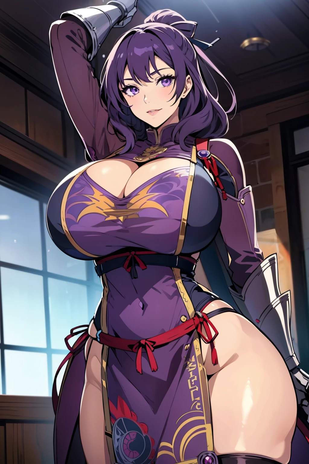 An anime-style artwork depicting rixia mao
Tags: best quality, (masterpiece:1.2), illustration, absurdres, (1girl), (solo), (beautiful detailed girl), (upper body, portrait), Rixia Mao, (dark purple hair), medium hair, purple eyes, huge breasts, purple china dress, armored boots, thighhigh boots, thigh boots, armored gauntlet, pelvic_curtain, , anime, detailed eyes, detailed lips, , , smiling expression, intense gaze, dynamic pose, indoor, palace, vibrant colors, digital art, high-resolution, professional quality, gigantic breasts, (cleavage:1.1),  curvy, cowboy shot, (gigantic breasts: 1.4),