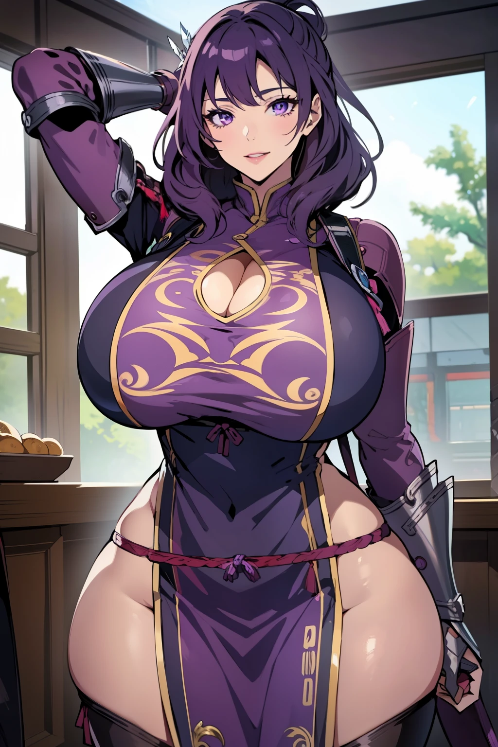 An anime-style artwork depicting rixia mao
Tags: best quality, (masterpiece:1.2), illustration, absurdres, (1girl), (solo), (beautiful detailed girl), (upper body, portrait), Rixia Mao, (dark purple hair), medium hair, purple eyes, huge breasts, purple china dress, armored boots, thighhigh boots, thigh boots, armored gauntlet, pelvic_curtain, , anime, detailed eyes, detailed lips, , , smiling expression, intense gaze, dynamic pose, indoor, palace, vibrant colors, digital art, high-resolution, professional quality, gigantic breasts, (cleavage:1.1),  curvy, cowboy shot, (gigantic breasts: 1.4),