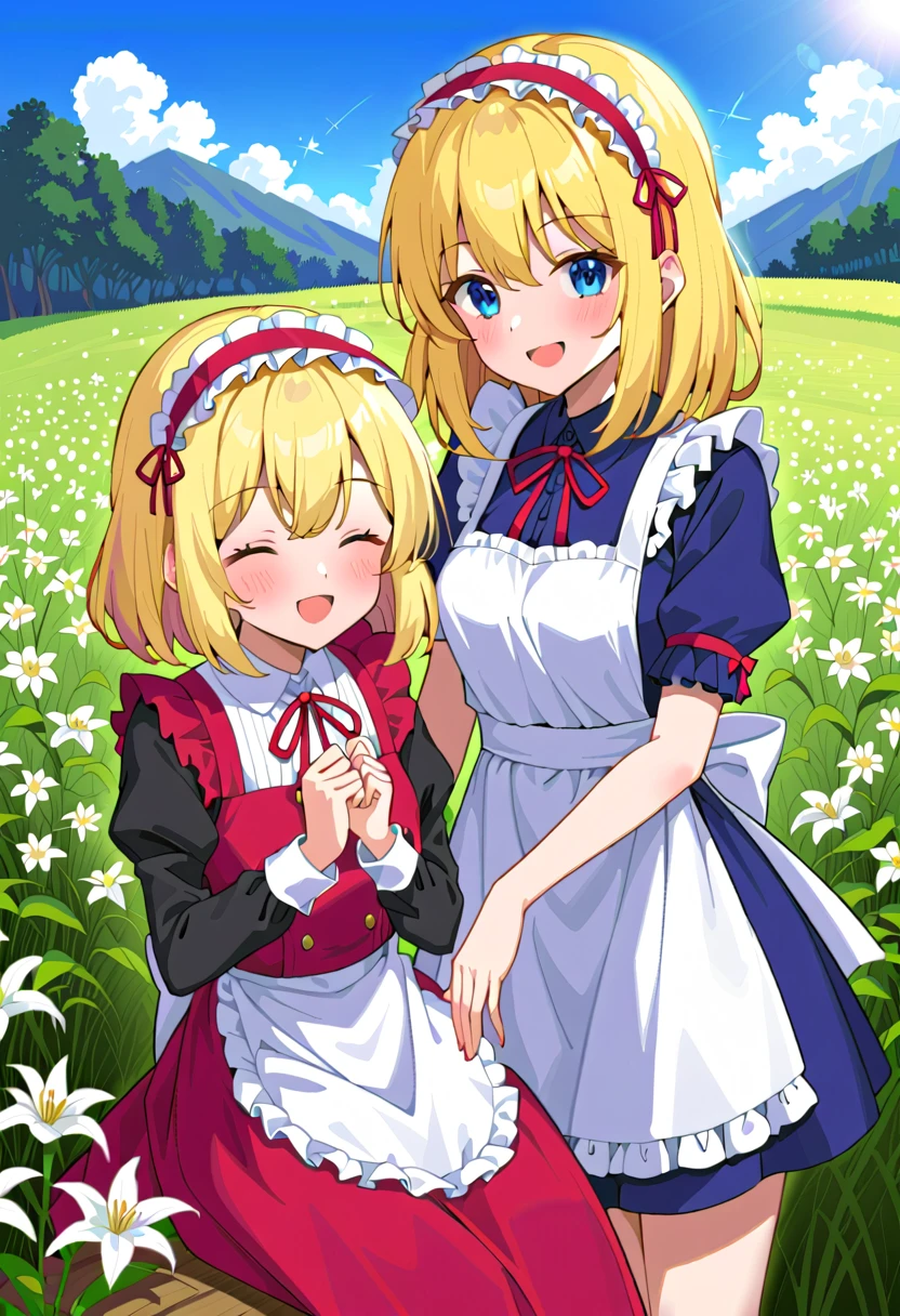 5 girl, Medicine melancholy, smile, blonde hair, short hair, ribbon, blue eyes, black shirt, red skirt, red bowite, su-sanwings, raise hand, Sitting on the right side, surprise, sparkle, star \(symbol\), 



aliceN, alice margatroid, medium hair, blonde hair, blue eyes, red hairband, wear flower crown, ****ta hairband, frilled hairband, smiling, closed eyes, open mouth, holding lily of the valley, Standing on the left side, Standing next to each other in the center of the image, one teaching the other something, flower field, cowboy shot, front view, close to viewer, wide shot, cinematic lighting, sunlight, blue sky, lily of the valley, grassland, rainbow, 




shanghai_doll, small, floating, blond hair, long hair, red ribbon, blue dress, white apron, five same people, 