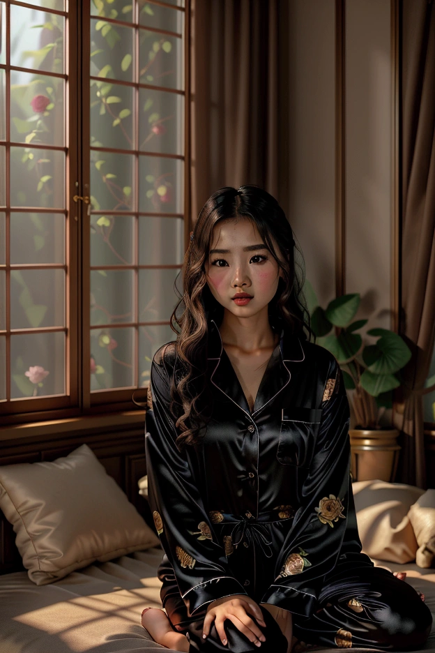  A girl surrounded by black roses ,  and sunlight filters through the window, creating a warm and welcoming atmosphere. She is wearing her wet pajamas, asian girl from burma, realistic,  Best quality, photo-realistic 8k, ( Best quality:1.1), masterpiece, (realistic:1.1), photo-realistic