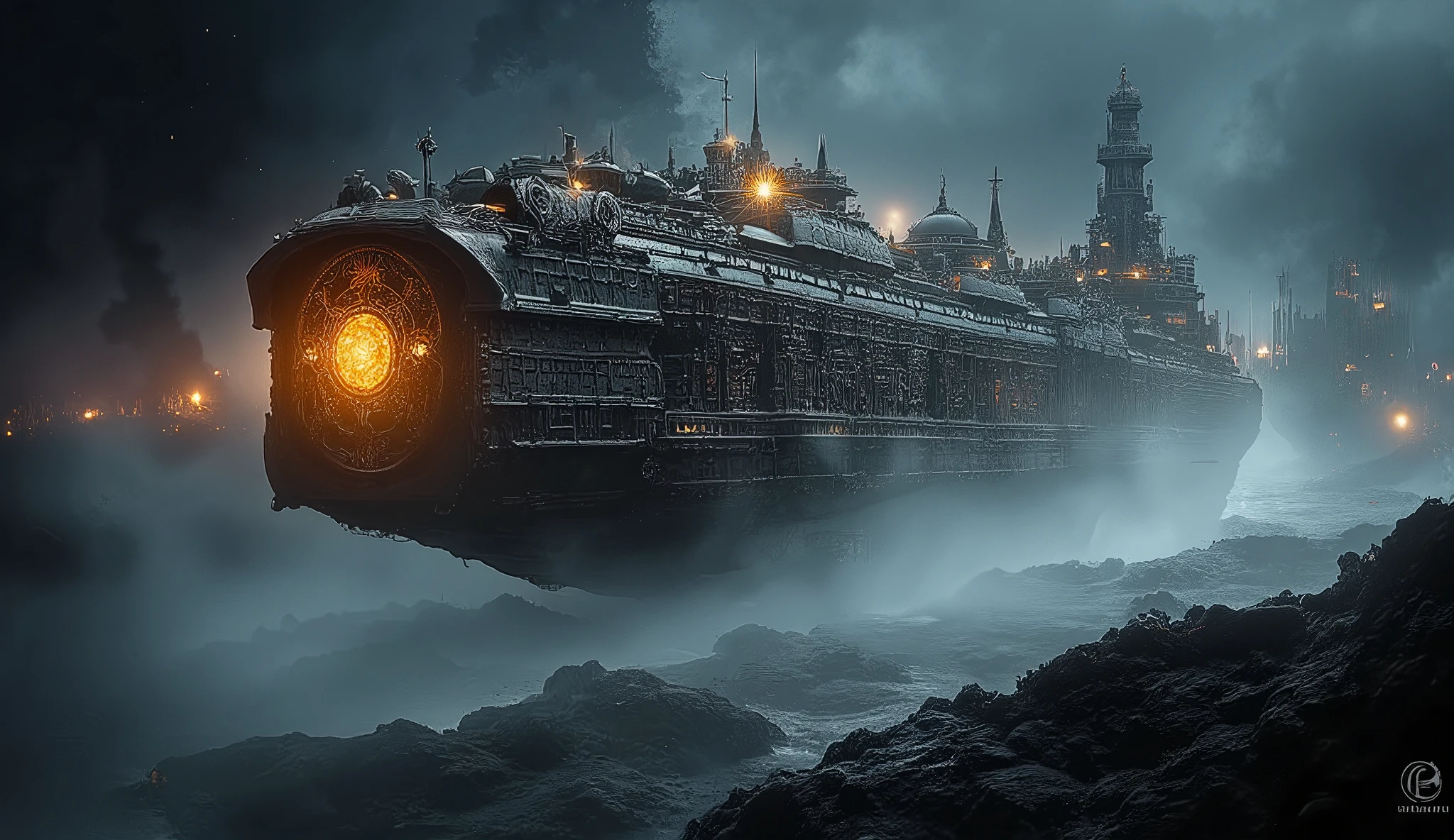 A hyper-detailed, cinematic depiction of Gothic steampunk star battleships in the grimdark style of Warhammer 40k. Long rectangular box shape body, hiuge ship brigde, guns nad turent on body. Massive, brutalist structures move silently through a darkened star system, their armor engraved with intricate symbols and glowing, enchanted golden runes. Guns marked by runes jut from the heavily armored hulls, faintly illuminated against a background of misty cosmic dust, scattered debris, and shadowed craters. Shot from a straight-on, full-shot angle, the scene captures a close-up of the battle-worn ships, their immense, jagged forms appearing almost sentient as they traverse the silent void. Ultra-realistic, 32k resolution, with cinematic lighting casting deep contrasts on every engraved surface, textured armor, and film grain texture overlay for depth. The high-quality digital painting captures the atmospheric realism and eerie stillness, blending both the brutal intricacy of Gothic architecture and futuristic weaponry, evoking a haunting and otherworldly effect.