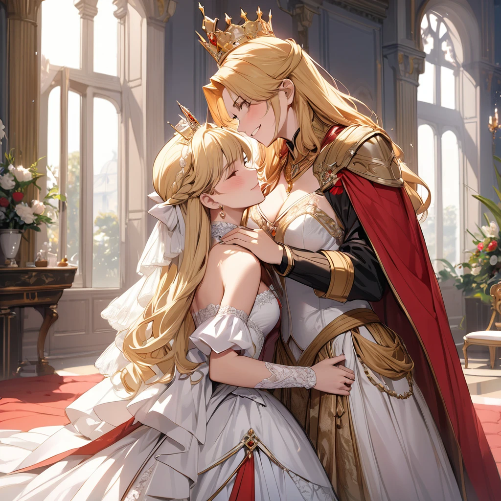 The woman who is the queen of the Kingdom, both physically and mentally, is the beautiful blonde Fate Testarossa, wears a royal bridal costume, pledges absolute loyalty and love to the old man of the great king, hugs them, kisses their vows, and loves each other、((Best Quality)), ((masterpiece)), ( Details), （ perfect face）,The woman is a Fate Testarossa with excellent proportions and is finished as a woman wearing a royal bridal gown in a royal mansion 、The woman is smiling gently