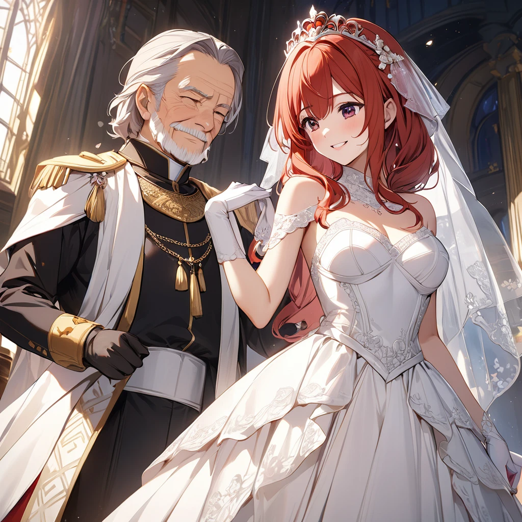  The woman who is the queen of the kingdom is a beautiful red-haired celica, wears a kingdom bridal dress, pledges absolute loyalty and love to the great king's old man, and they have a wedding and love each other、((Best Quality)), ((masterpiece)), ( Details), （ perfect face）,The woman is a red-haired celica with outstanding proportions and is finished as a woman wearing a kingdom bridal gown in a royal mansion 、The woman is smiling gently