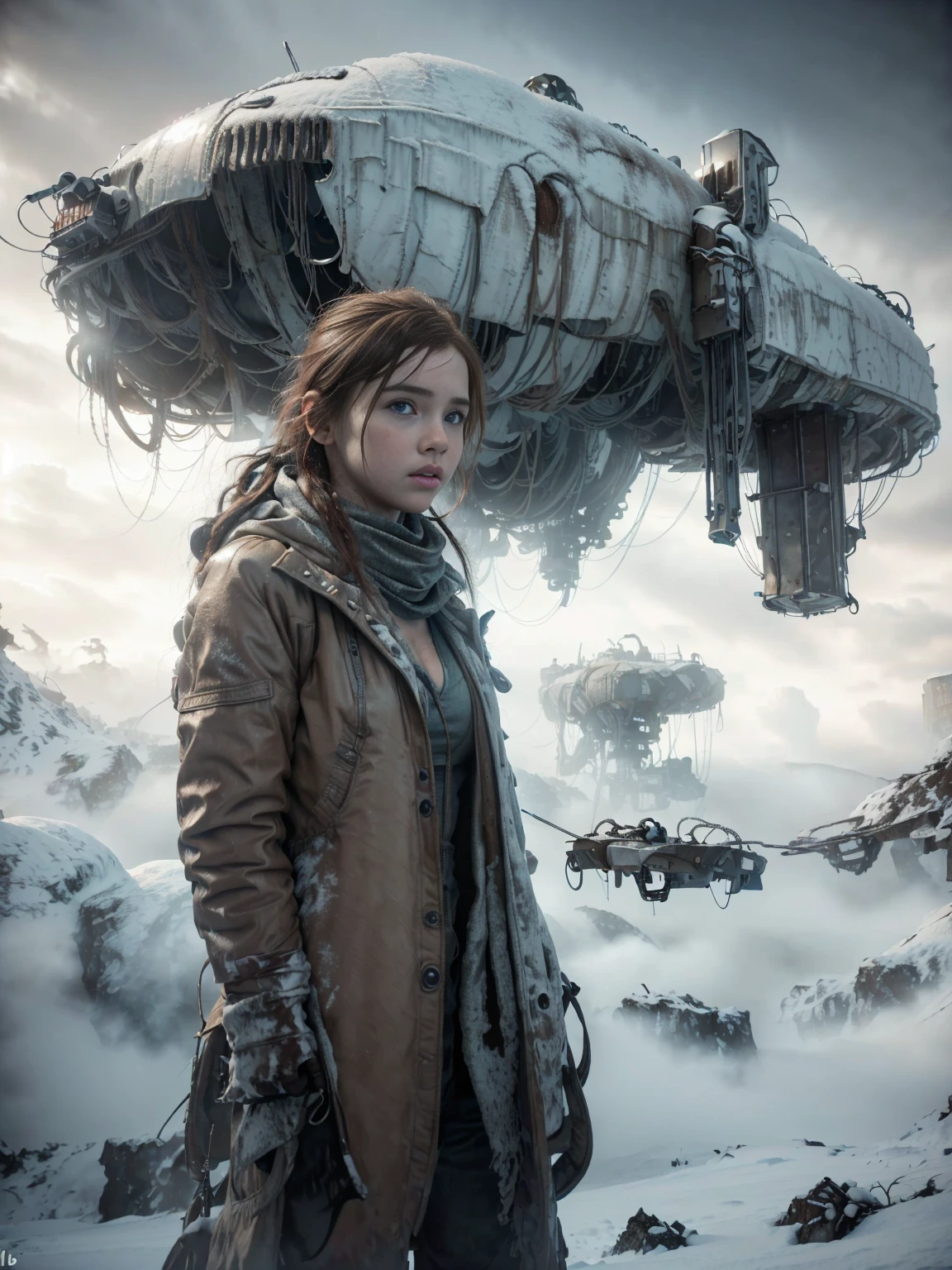 Photo-realistic. (Ellie, the last of us, detailed, 8k, photorealistic, cinematic lighting, dramatic lighting, full body shot), (apocalyptic,snowy winter landscape), (beautiful young woman, 20 years old, gorgeous european features,cleavage, messy brown hair, intense gaze, elegant pose), (giant futuristic spacecraft,high-tech shuttle,cold icy environment),