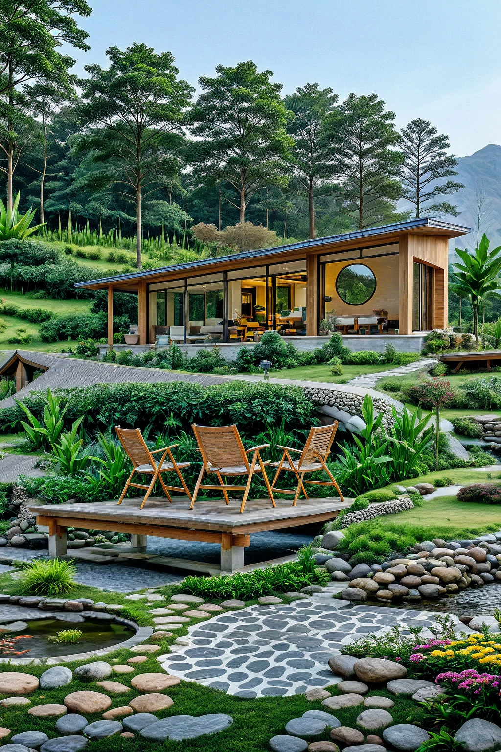 Raw photo,Masterpiece, high quality, best quality, authentic, super detail, exterior, outdoor, This image features a tranquil, natural setting with a modern cabin situated on a grassy hill overlooking a calm pond. The cabin has a rustic yet contemporary design with a metal roof, large windows, and a circular window that adds character to its facade. Surrounding the cabin are lush green trees, creating a secluded and serene atmosphere. In the foreground, a gently flowing stream is bordered by rocks and tall grass, adding to the peaceful environment. “A quiet setting consisting of a modern single-storey house, flat roof and large windows, perched atop a grassy hill. The building has a rustic, natural look with red brick walls and characteristic circular windows. In front there is a small wooden deck with a few folding chairs arranged in a circle, surrounded by tall grass and large rocks. The deck stretches across a quiet, reflective pond, adding a sense of tranquility and natural beauty. The sky is partly cloudy, with soft diffused lighting enhancing the serene atmosphere of this outdoor setting.”(sunset:1.2) (lightnight:1.2) vivid colour, (realistic:1.2),(rain:2.3)