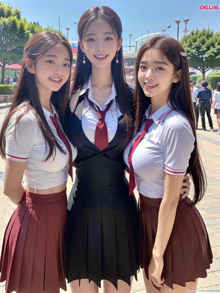 ( super cute Korean schoolgirl getting along well with her 2 beautiful best friends commemorative photo :1.2)( is laughing:1.2)(Beautiful Sweat:1.1)(16k,  RAW Photos, Best Quality, masterpiece: 1.2),(The lustrous, beautiful brown hair is blown by the wind and sways softly:1.1) Super detailed,  super resolution, (Genuine, Genuine photos: 1.37), Portraiture,  high resolution RAW color photo ,  professional photos ,  Very Detailed, 8k wallpaper,  Very Detailed CG Unity 8k wallpaper,  Very Detailed beautiful girls,  Very Detailed faces, ((whole body)), beautiful woman,  huge breasts,(huge boobs:1.1) ( big boobs:1.1), Beautiful schoolgirl (Cute summer school uniform ,School-designated summer short sleeve burgundy tie and shirt uniform),high school girl,  Korean Girl ,(K-POP Female Idols), (Idol-level beauty)(Beautiful high school girl:1.1)(In front of the triple waterwheel at an amusement park on a sunny day)(()(Date:1.2)(Group photo:1.2)