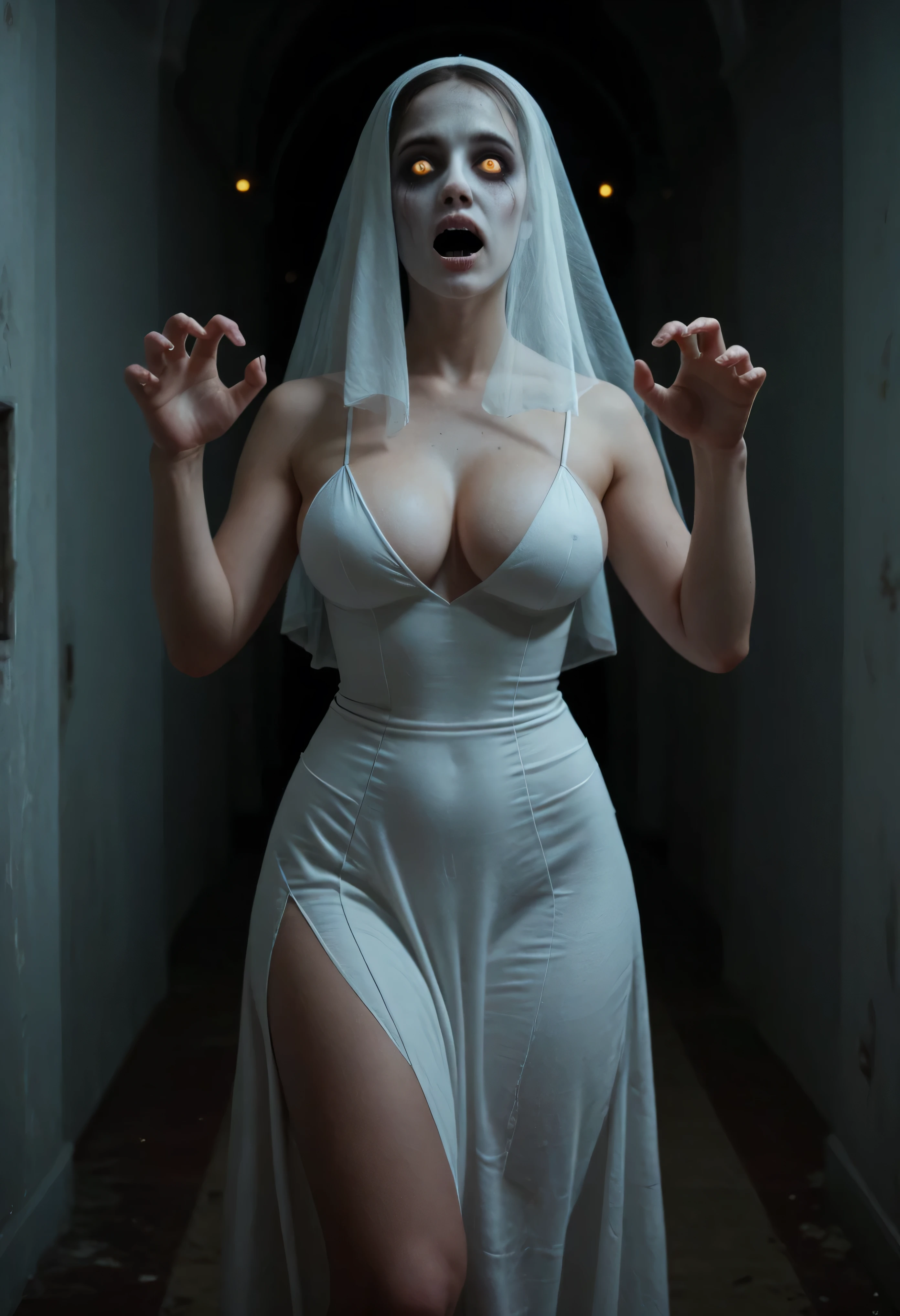  Subtly censor  ,  image suitable for the public . Ambiente macabro, horror scene.  Supersexy woman wearing a ghost costume  .  A woman's face completely covered For a White Veil  ,  body of a super sexy woman  ,  big breasts  ,  BIG T highlighted by the white dress  ,  small waist , sexy waist,  large hips, sexy hips, sexy ass, attractive butt, beautiful thighs,  striking thighs  , muslos grandes,  semitransparent white dress that highlights her beautiful curved scenery  ,  white dress fitted to her body  ,  beautiful simple white dress  ,  dress that is part of a ghost costume  ,  with excess fabric on the arms that allude to the shape of ghosts  ,  ghost pose scaring others  ,  parts of the costume become transparent with light  , scary scenario , scenario recreated in a dark quiet of a scary abandoned hotel , moist walls  , dimly lit hallway, ,  the burly ghost woman is perfectly illuminated by the ambient lights that reveal her beautiful figure.  Hyperrealistic composition style with semi-realistic details  ,  perfect composition  ,  A masterpiece of the highest quality, 16k quality,  high contrast,  Focus on the details , scary semi-dark environment ,  The scene and the macabre environment predominate , scary.