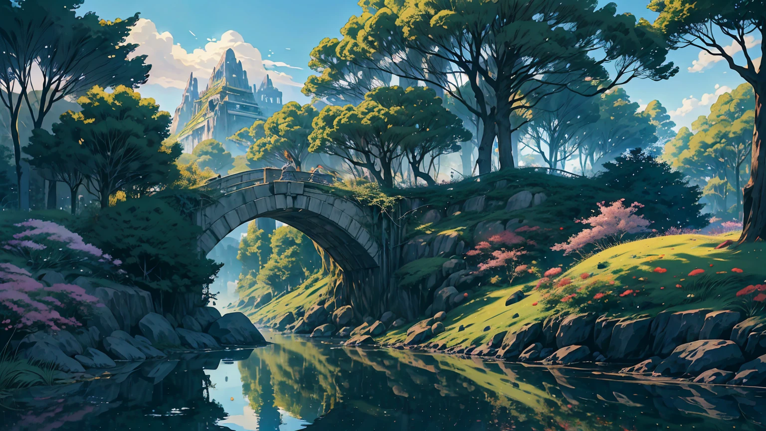 Enchanting 8K Fantasy Anime Scene: A paradisiacal landscape: a surreal grove with towering trees, vibrant flowers, and sparkling streams beneath a dramatic sky—a magical, ethereal atmosphere blending dark fantasy with natural serenity. A vivid paradise contrasting with the strong yet graceful figure of a lone female warrior, inviting an otherworldly ambiance. The warrior: a full-body view facing the viewer, elegance and strength in light armor. Long, flowing silver hair framing her face, golden eyes captivating with a gentle allure, porcelain-smooth pale skin softly glowing, an enchanting smile exuding warmth. Ultra-high 4K and 8K resolution: extreme detail capturing intricate foliage, fine armor textures, and radiant colors. A vibrant, photorealistic CG unity quality with a Genshin Impact-inspired style, dynamic composition using the rule of thirds, centered focus celebrating strength and the serene beauty of nature in a harmonious masterpiece. A perfect fantasy anime wallpaper enhanced by a beautiful sunny day in a coniferous forest, an enchanting atmosphere further enriched by soft anime tones and luminism, adding depth to the illustration. A three-dimensional sensation, showcasing the stunning warrior alone in a vast, open world filled with mountains, rivers, and ancient ruins, all captured with extreme detail and vibrant colors.