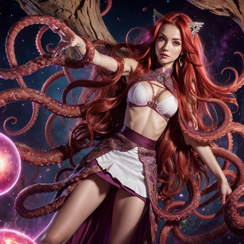 uma mulher de corpo inteiro, holding a glowing ball in your hands, Destaque no CGSetaltion, arte de fantasia, very long flowing red hair, segurando um escudo de pentagrama, Parece um pouco semelhante a Amy Adams, lightning mage spell icon, Necromante androide benevolente, Carta de Tarot da Alta Sacerdotisa, deusa anime, Retrato da Deusa Celta Diana, Destaque no ArtStattion