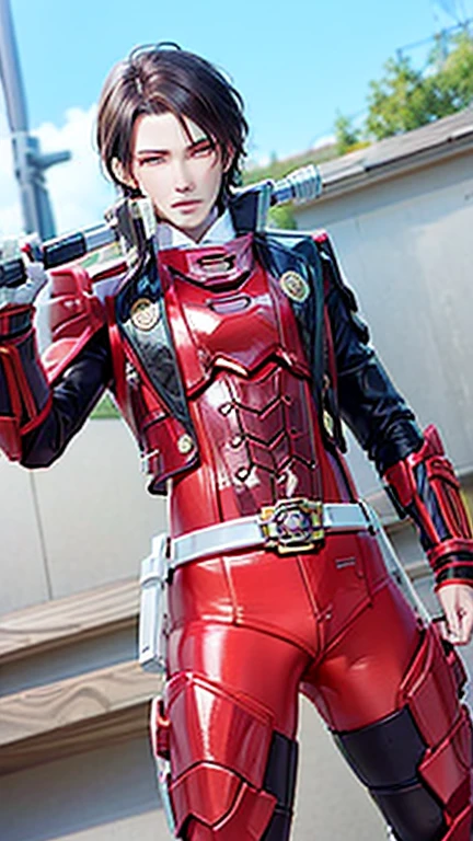 ( High-definition CG), (Best Quality), ( High-definition CG), (Best Quality),California Kiyomitsu has a beautiful body ,  Power Rangers costume , Handsome and cool young man ,  Sensual Appearance,   Crotch Bulge 