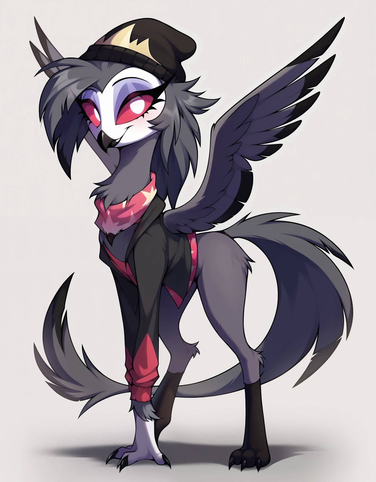 score_9, score_8_up, score_7_up, rating_questionable, octavia, octavia from helluva boss, griffon, feral, owl demon, beak, 3 toes, full body, detailed, BREAK, zPDXL3, megafeatherypony, feathery, shiny