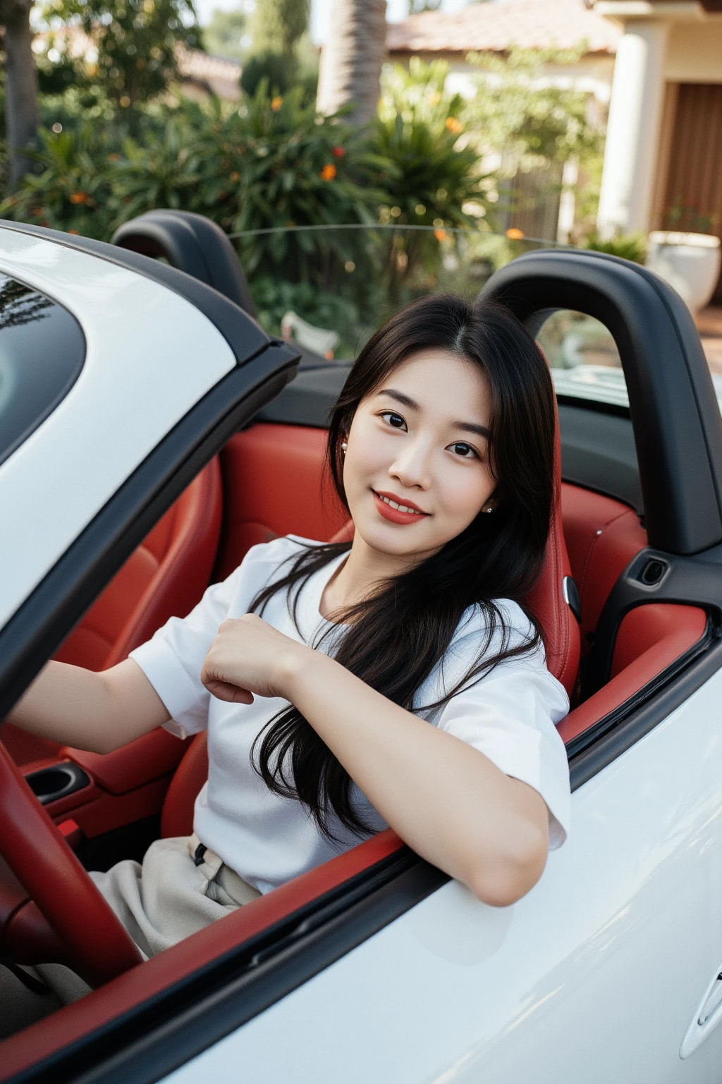  A 36-year-old female CEO takes a selfie in the driver's seat of a white Porsche 718 while sitting in front of a luxury villa in Los Angeles。Red interior 。Oriental woman with round face, full chest, long black hair 。Light makeup for plain skin、 wears casual wear from high-end brands、Body size about 110 kg 。Smile。