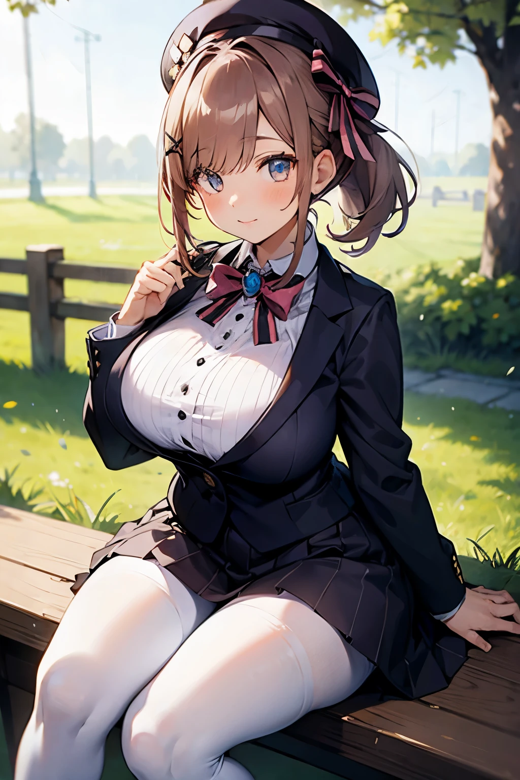 ((plump breasts)), ((1 girl)), (jambes grasses), ((shiny pantyhose)), earrings, ((outdoor country)), (finely detailed eyes and detailed face:1.3), (extremely fine and beautiful:1.1), (Perfect details:1.1), Lulu Suzuhara, Hololive, ((no cleavage)), beret, pink bow, large breasts, pink cardigan, white shirt, ponytail, hair ribbon, x hair ornament, jewelry, bowtie, brooch, white shirt, long sleeves, vertical-striped skirt, ((glossy pantyhose))