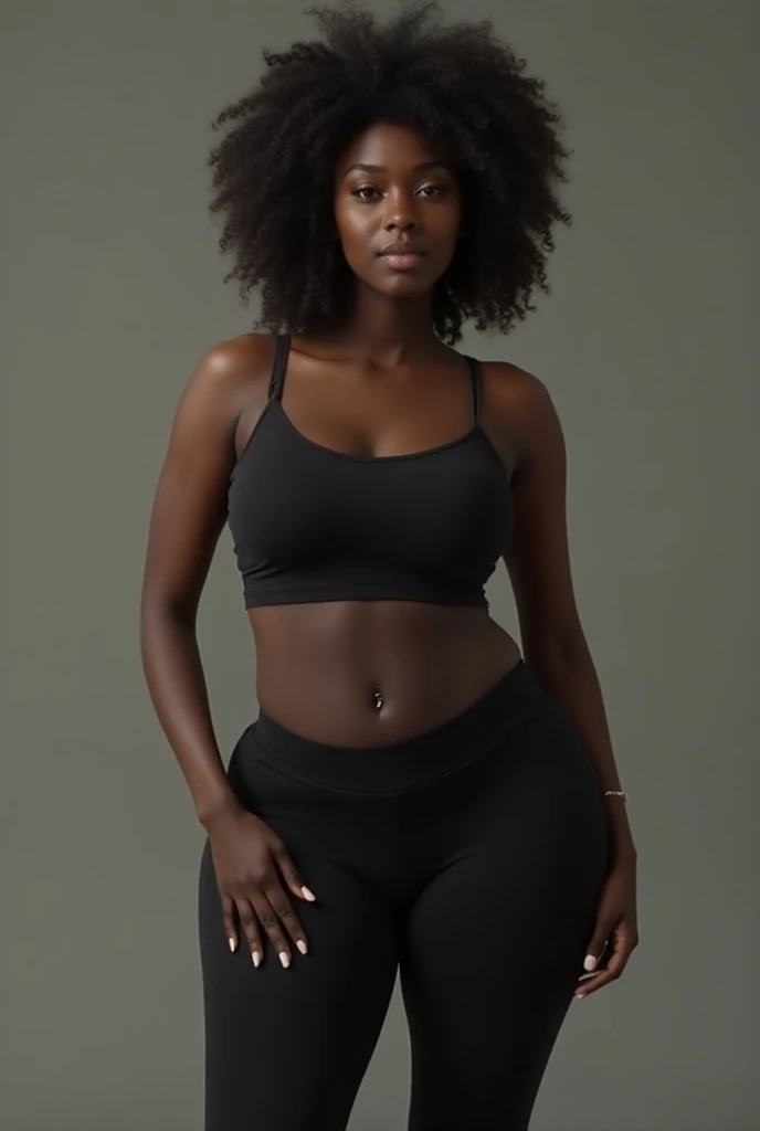 Make an African model and influencer with a very beautiful and defined face. 23 years old, athletic body and a little chubby