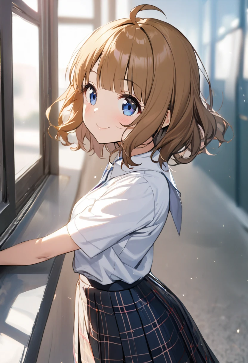 1girl, solo,
suou momoko, ahoge, short hair, blue eyes, eyebrows visible through hair, wavy hair, blunt bangs,
school uniform, black check skirt, white shirt,
smile,