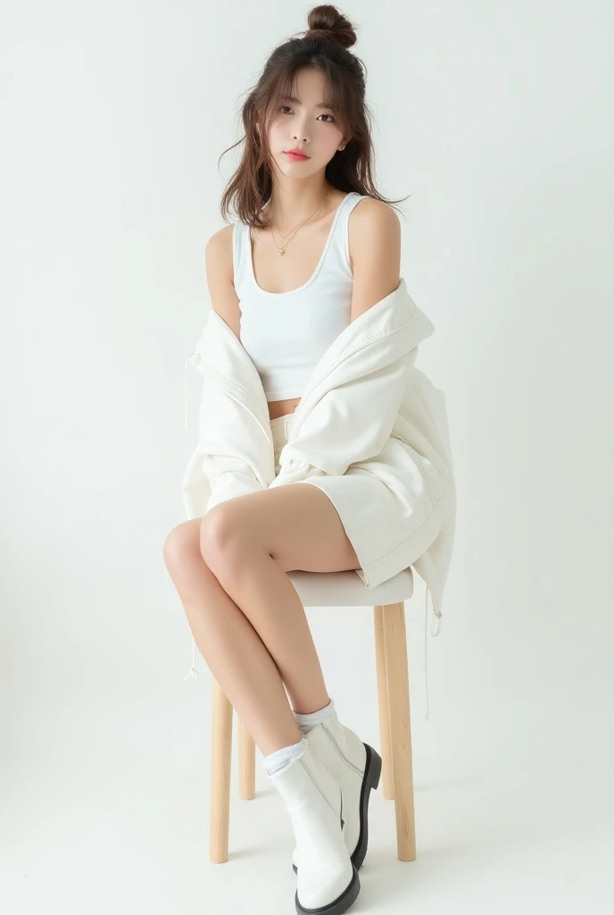 (detailed face),((crotch)),normal breasts,pretty,sleeveless and turtle neck white clothes,4k ,super high resolution ,(photo-realistic: 1.7),white background,long hair,iron chair,