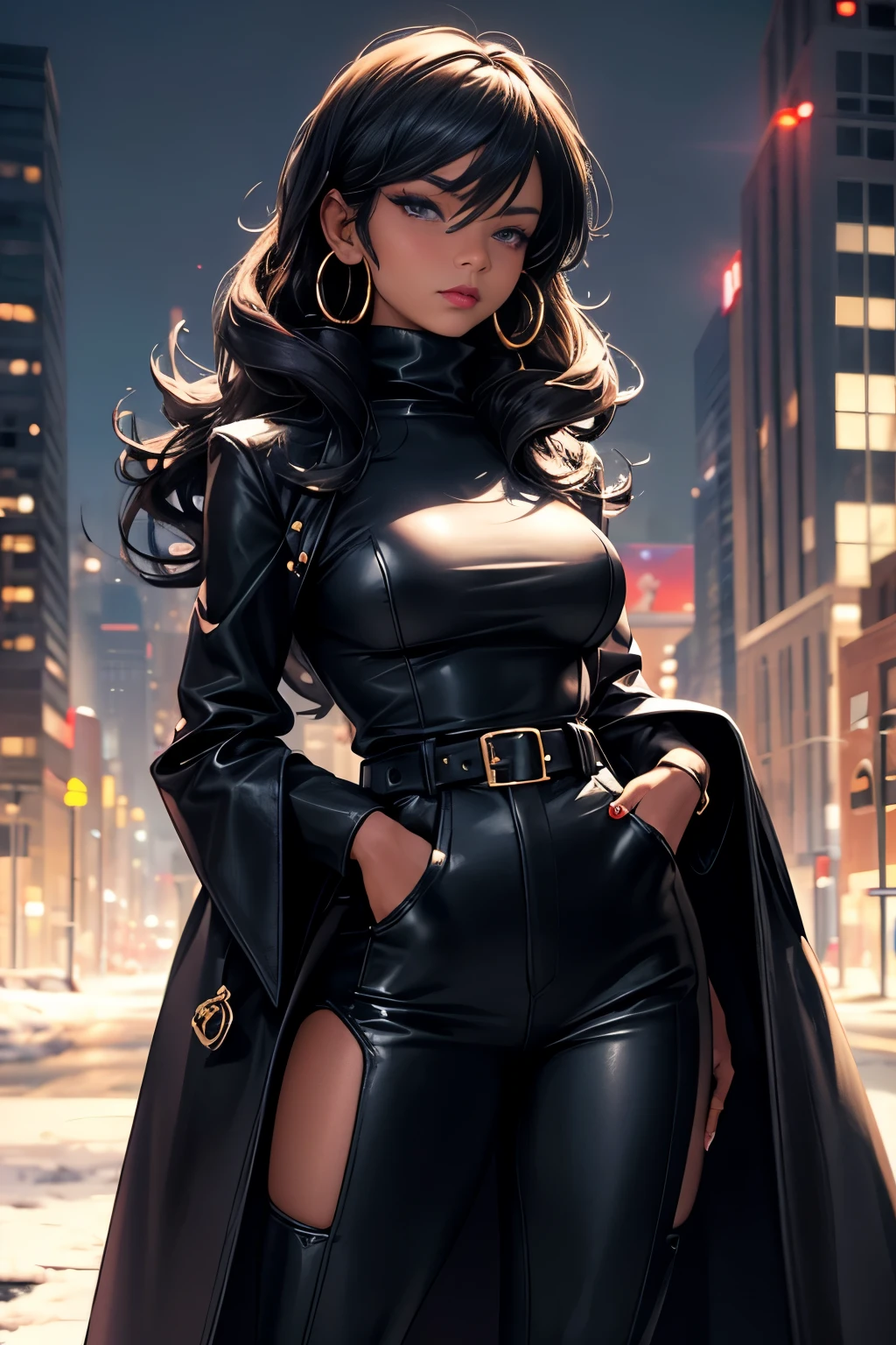 DigiArt Style, looking at viewer, full body, digital art, 1girl, solo, long curly hair, black hair, azur eyes, earrings, full lips, eyelashes, makeup, jewelry, leather catsuit, leather clothes, leather straps, boots, fantasy