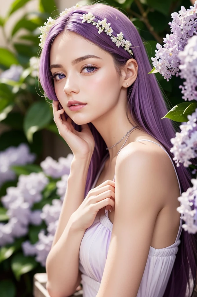 European girl. Facial details. Delicate facial features. Half-closed eyes. blue eyes. Long Straight Hairstyle. Purple Hair. A calm face. ((Dynamic pose)). Beautiful thighs. Beautiful bust. Beautiful background. (Festivals)