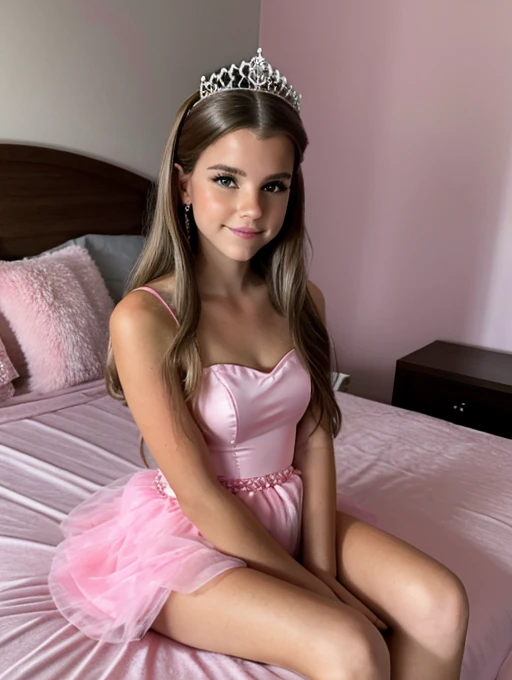 Brooke monk wearing a puffy pink dress in her bedroom, is wearing tiara, young adult woman, is sitting on edge of bed