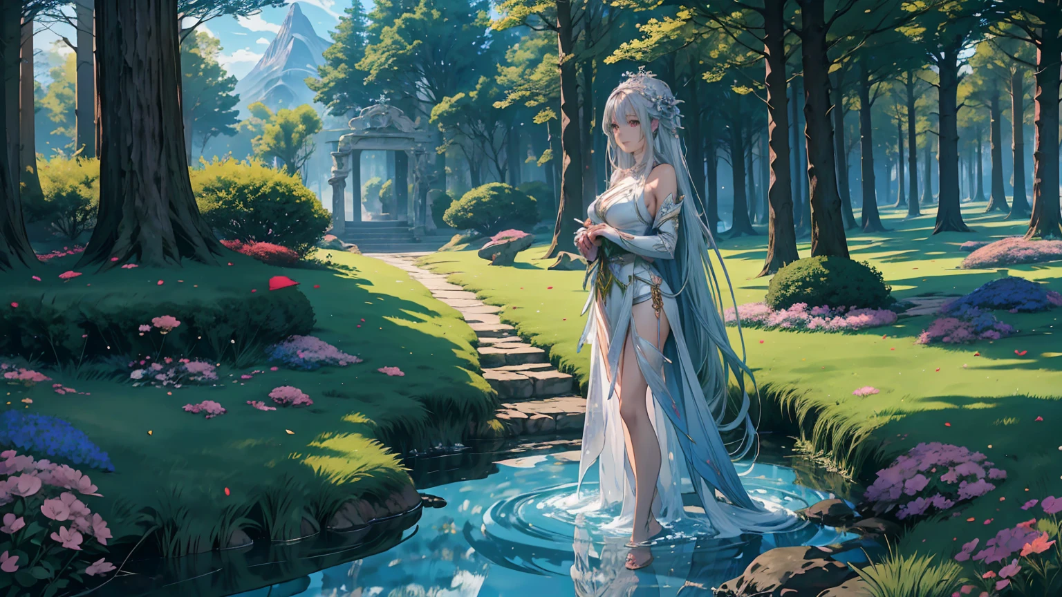 Enchanting 8K Fantasy Anime Scene: A paradisiacal landscape: a surreal grove with towering trees, vibrant flowers, and sparkling streams beneath a dramatic sky—a magical, ethereal atmosphere blending dark fantasy with natural serenity. A vivid paradise contrasting with the strong yet graceful figure of a lone female warrior, inviting an otherworldly ambiance. The warrior: a full-body view facing the viewer, elegance and strength in light armor. Long, flowing silver hair framing her face, golden eyes captivating with a gentle allure, porcelain-smooth pale skin softly glowing, an enchanting smile exuding warmth. Ultra-high 4K and 8K resolution: extreme detail capturing intricate foliage, fine armor textures, and radiant colors. A vibrant, photorealistic CG unity quality with a Genshin Impact-inspired style, dynamic composition using the rule of thirds, centered focus celebrating strength and the serene beauty of nature in a harmonious masterpiece. A perfect fantasy anime wallpaper enhanced by a beautiful sunny day in a coniferous forest, an enchanting atmosphere further enriched by soft anime tones and luminism, adding depth to the illustration. A three-dimensional sensation, showcasing the stunning warrior alone in a vast, open world filled with mountains, rivers, and ancient ruins, all captured with extreme detail and vibrant colors.