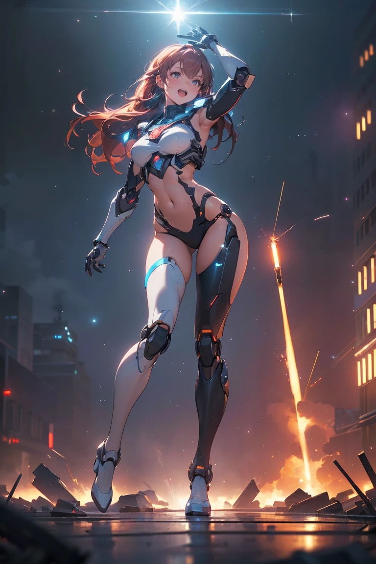 ((masterpiece,   ,  higher image quality,  high resolution ,  photorealistic , foto RAW,  Extremely detailed 8k unified CG wallpaper )), ( huge and dazzling goddess shot , very hot and sexy,  breathtaking beauty ,  perfect proportions ,  beautiful body , Slim Body Beauty:1.4),   cyborg holding and shooting machine guns with both hands ,  cyberpunk style, hood, red hair,  golden eyes, Bikini, astronaut, laughing hysterically, flying projectile shells reflecting neon light , dynamic action pose, seductive pose, ( Clear focus :1.2), (   depth of field   :1.2), (   full body shot   ,   dynamic angle ),   professional lighting , to break (  Ultra Definition Robot Standing with Destroyed Machines on a War-Devastated Battlefield),