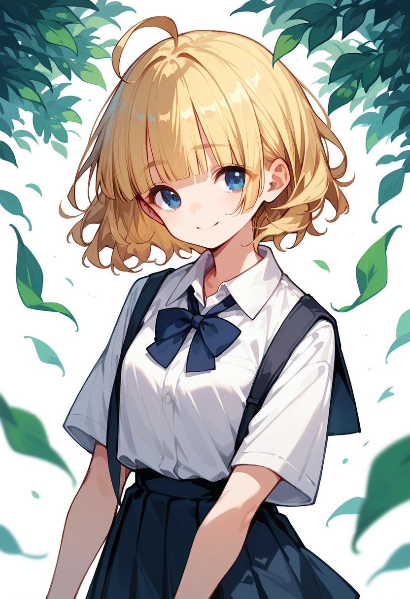 1girl, solo,
suou momoko, ahoge, short hair, blue eyes, eyebrows visible through hair, wavy hair, blunt bangs,
school uniform, black check skirt, white shirt,
smile,