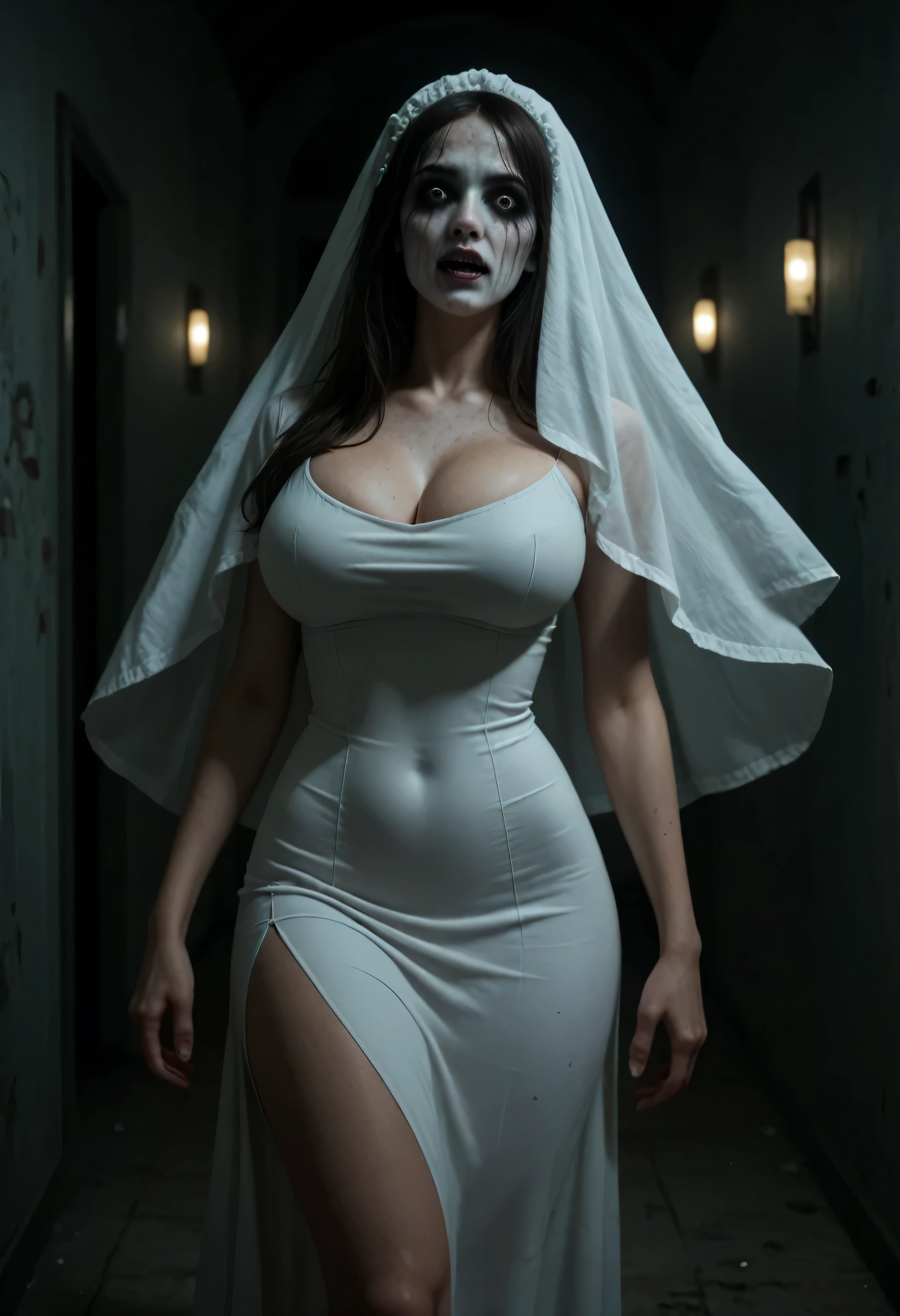  Subtly censor  ,  image suitable for the public . Ambiente macabro, horror scene.  Supersexy woman wearing a ghost costume  .  A woman's face completely covered For a White Veil  ,  body of a super sexy woman  ,  big breasts  ,  BIG T highlighted by the white dress  ,  small waist , sexy waist,  large hips, sexy hips, sexy ass, attractive butt, beautiful thighs,  striking thighs  , muslos grandes,  semitransparent white dress that highlights her beautiful curved scenery  ,  white dress fitted to her body  ,  beautiful simple white dress  ,  dress that is part of a ghost costume  ,  with excess fabric on the arms that allude to the shape of ghosts  ,  ghost pose scaring others  ,  parts of the costume become transparent with light  , scary scenario , scenario recreated in a dark quiet of a scary abandoned hotel , moist walls  , dimly lit hallway, ,  the burly ghost woman is perfectly illuminated by the ambient lights that reveal her beautiful figure.  Hyperrealistic composition style with semi-realistic details  ,  perfect composition  ,  A masterpiece of the highest quality, 16k quality,  high contrast,  Focus on the details , scary semi-dark environment ,  The scene and the macabre environment predominate , scary.