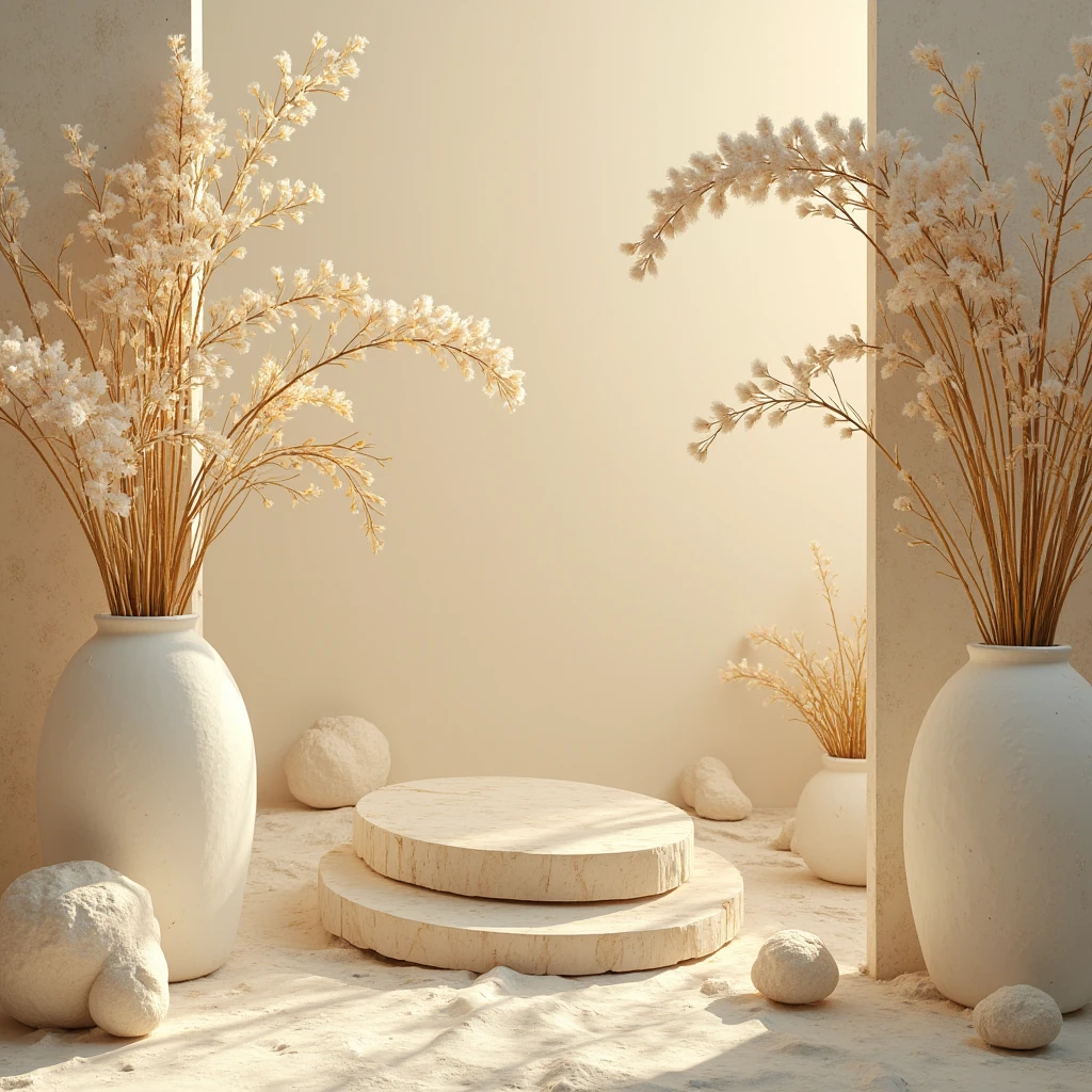 (photorealism:1.2)High resolution, cinematic, intrinsic details,  5 point view composition , minimalist background s,  natural central lighting ,  intense light beige colors, white and golden touches , background with fuzzy flowers, pedestal vacio,  symmetric composition 