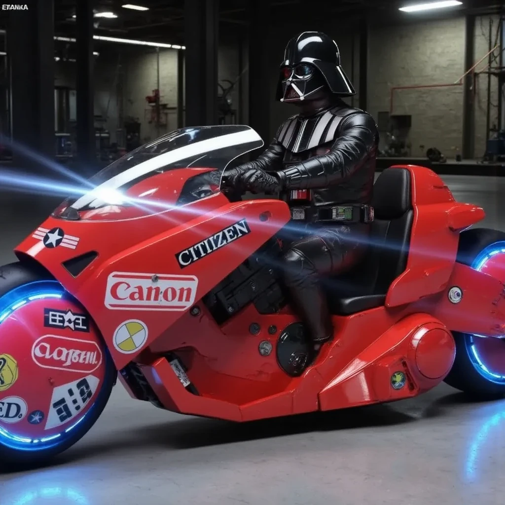 Darth Vader riding Akira's motorcycle, dynamic and intense scene, sci-fi crossover, dramatic lighting, urban landscape, powerful pose, high-speed motion, cyberpunk elements, detailed character design, action-packed atmosphere、,Akira Bike,high resolution,masterpiece,high quality,masterpiece,high quality, (Photorealsitic:1.4),Raw photo,(super realistic details),portlate,Shadow,Beautiful Skin,detailed face and eyes,Akira Bike Red,cycling,The background is a tunnel drawn by stretching blue hologram lines through a black cyber space:2.0