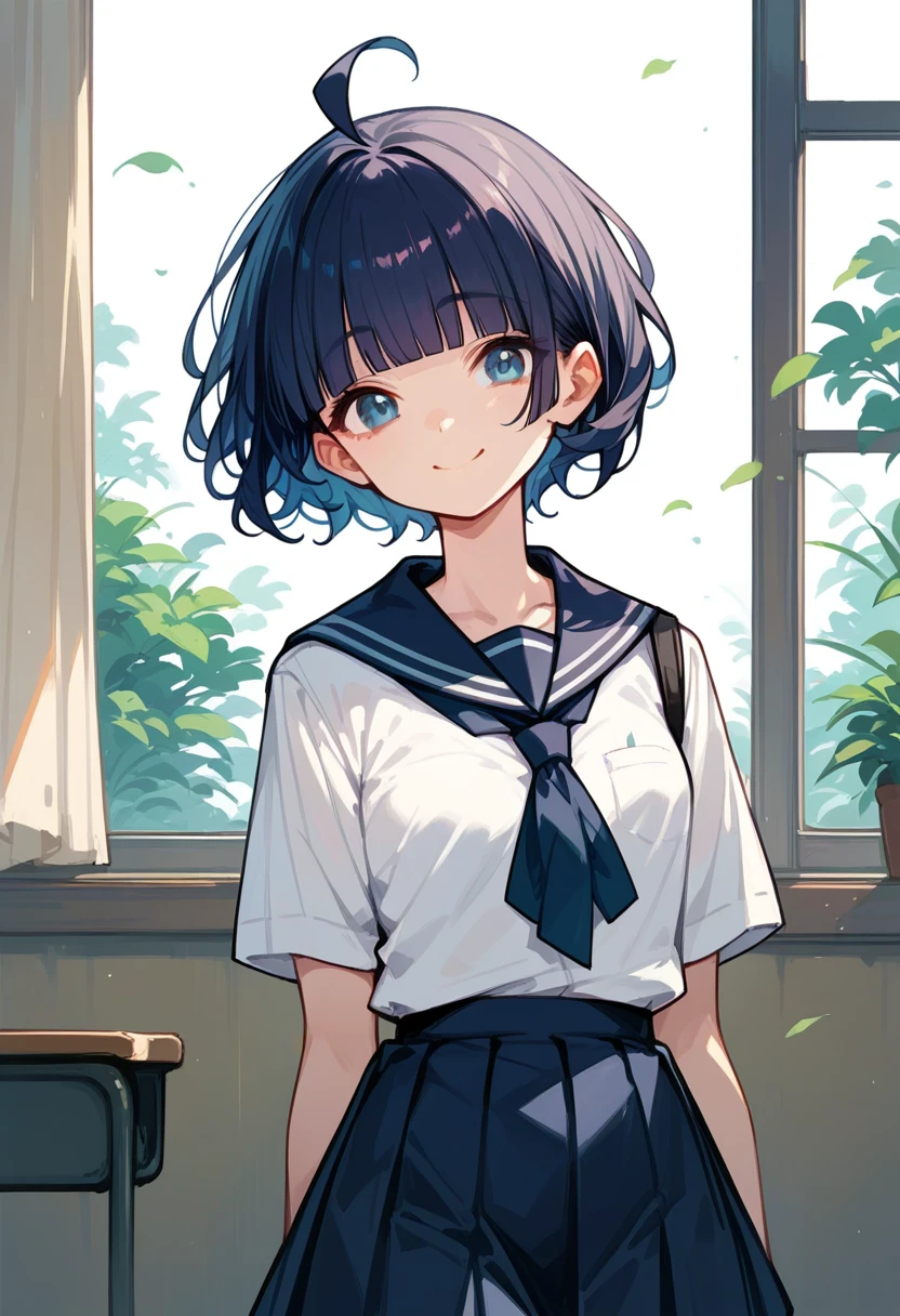 1girl, solo,
suou momoko, ahoge, short hair, blue eyes, eyebrows visible through hair, wavy hair, blunt bangs,
school uniform, black check skirt, white shirt,
smile,