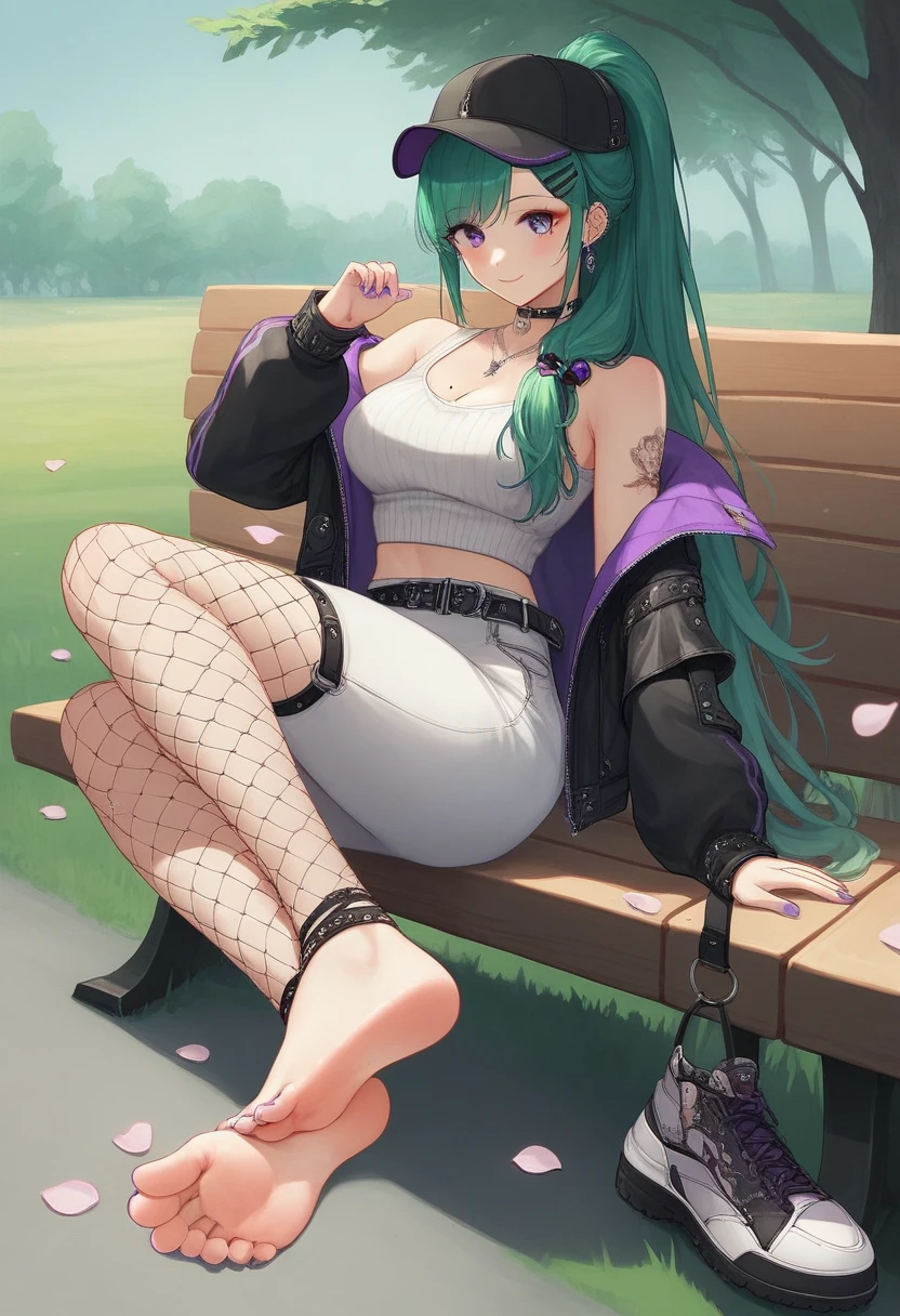 Yakumo_Beni,(YakumoSweater:1.3), long hair, breasts,bangs, clothing cutout, smile, cleavage, green hair, , long hair, sweater, skirt, , hair ornament, bangs, ponytail, mole on breast, hairclip, jewelry, purple skirt,(lace covered shoulder:1.2), purple nails, nail polish, jacket, long sleeves, necklace, petals, outdoors,bench, tree, sakura, grass, タンクトップ Yakumo_Beni,YakumoTanktop, long hair,swept bangs, breasts,bangs, green hair,purple eyes. cleavage, hat, belt, long hair, jewelry, blush, green hair, jacket, crop top, necklace, midriff, mole, earrings, black jacket, choker,ear piercing, bare shoulders,white pants,(only right leg cutout:1.3),fishnets leggings, black headwear, tattoo, shirt, off shoulder, bangs, piercing, baseball cap, open clothes,((Shoes)), ((shoe soles)),