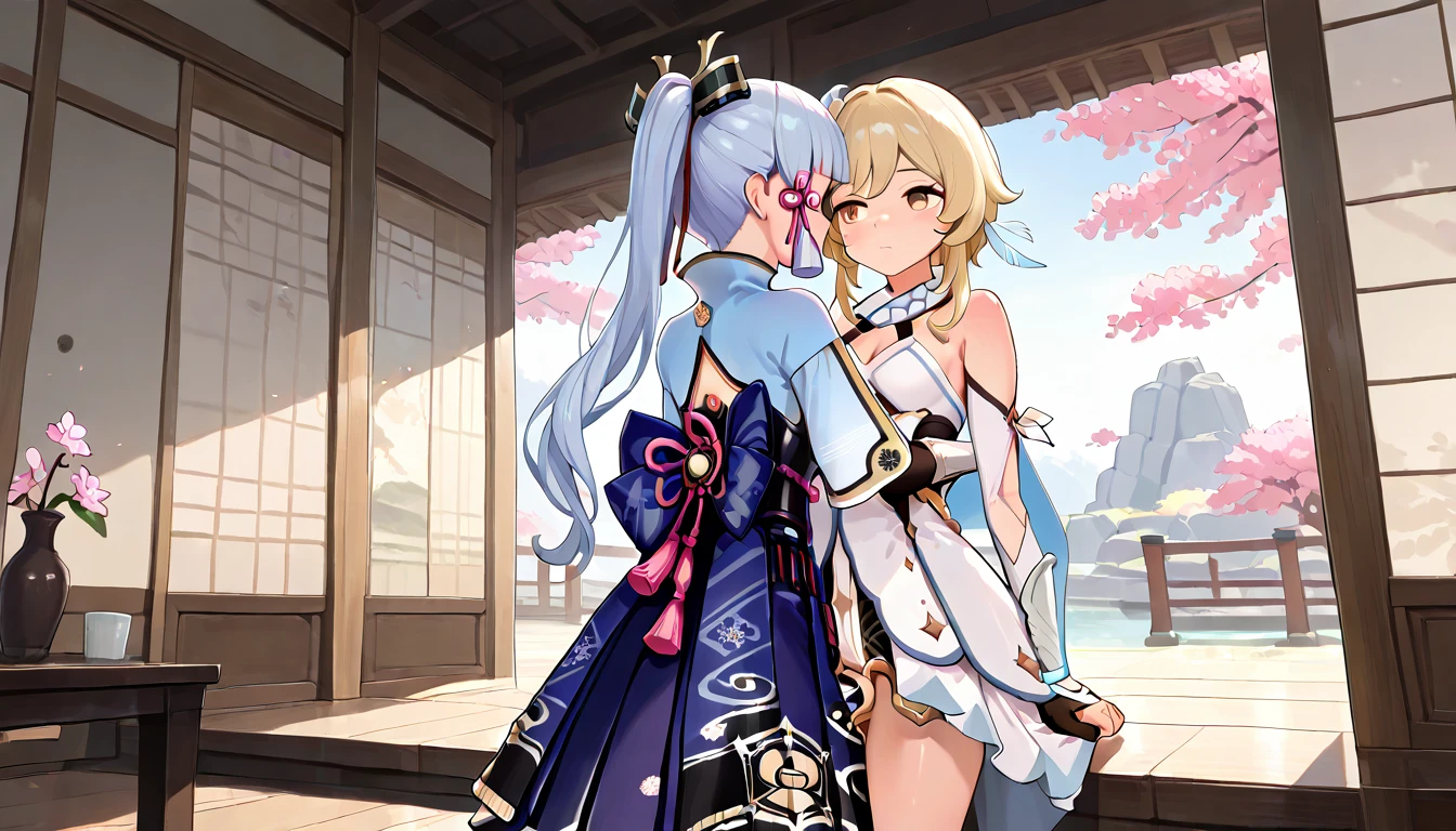 ((top quality)),((masterpiece)),((perfect face)),(ultra-detailed),ultra high res, 8k, ((2girls:1.3)), lumine (genshin impact), kamisato ayaka, blonde hair, light blue hair, hugging, standing, highly sensual,  yuri, sakura trees, exquisite, (very aesthetic:1.2), (absurdres:1.2), (detailed background),newest, perfect anatomy, 