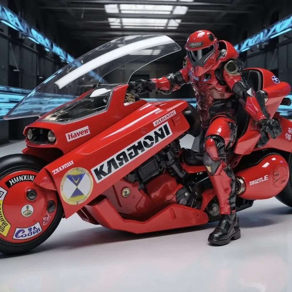 A Stormtrooper riding Akira's motorcycle in a dynamic and intense scene, showcasing a futuristic cityscape background, with dramatic lighting and motion blur to emphasize speed and action, anime style, cinematic composition,Akira Bike,high resolution,masterpiece,high quality,masterpiece,high quality, (Photorealsitic:1.4),Raw photo,(super realistic details),portlate,Shadow,Beautiful Skin,detailed face and eyes,Akira Bike Red,cycling,The background is a tunnel drawn by stretching blue hologram lines through a black cyber space:2.0