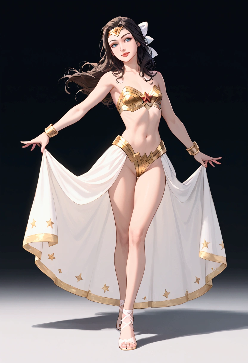 ((full body shot, standing, feet on the ground)) Wonder Woman, masterpiece, best quality, highly detailed, score_9, score_8_up, score_7_up, score_6_up, anime source,BREAK, 1girl, solo, undressed, naked, long hair, blue eyes, flower, hair bow, small breasts, bow, looking at viewer, freckles, parted lips, smile, full body, red lips, lips, leather ballet slipper, side-front, She looks at you, your gauze hurts, fishnets, white background, neutral cast, dance pose
