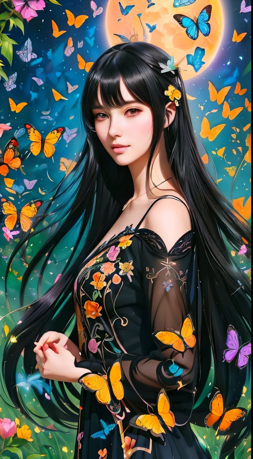 Flowers in the hair,Red lips woman in white dress surrounded by butterflies,digitial painting