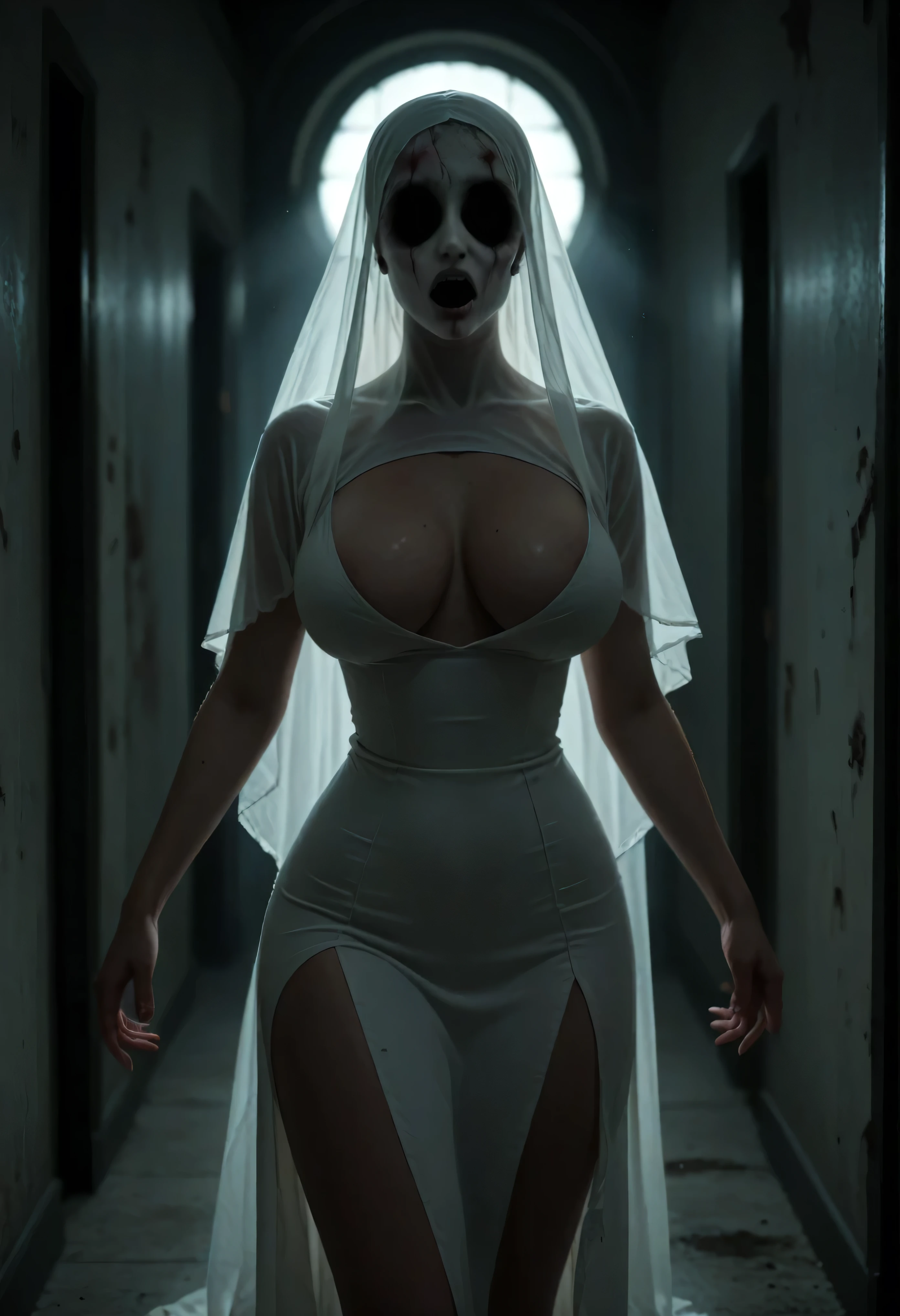 Subtly censor , image suitable for the public . Ambiente macabro, horror scene. Supersexy woman wearing a ghost costume . A woman's face completely covered For a White Veil , body of a super sexy woman , big breasts , BIG T highlighted by the white dress , small waist , sexy waist, large hips, sexy hips, sexy ass, attractive butt, beautiful thighs, striking thighs , muslos grandes, semitransparent white dress that highlights her beautiful curved scenery , white dress fitted to her body , beautiful simple white dress , dress that is part of a ghost costume , with excess fabric on the arms that allude to the shape of ghosts , ghost pose scaring others , parts of the costume become transparent with light , scary scenario , scenario recreated in a dark quiet of a scary abandoned hotel , moist walls , dimly lit hallway, , the burly ghost woman is perfectly illuminated by the ambient lights that reveal her beautiful figure. Hyperrealistic composition style with semi-realistic details , perfect composition , A masterpiece of the highest quality, 16k quality, high contrast, Focus on the details , scary semi-dark environment , The scene and the macabre environment predominate , scary.