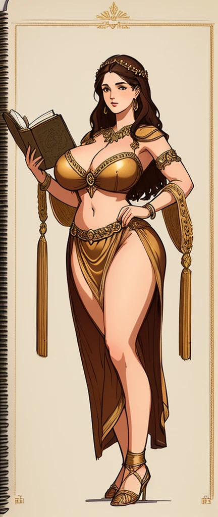 a sexy milf as a egyptian goddess, brunette, big , big butt, sexy costume, necklace, full body, brown eyes