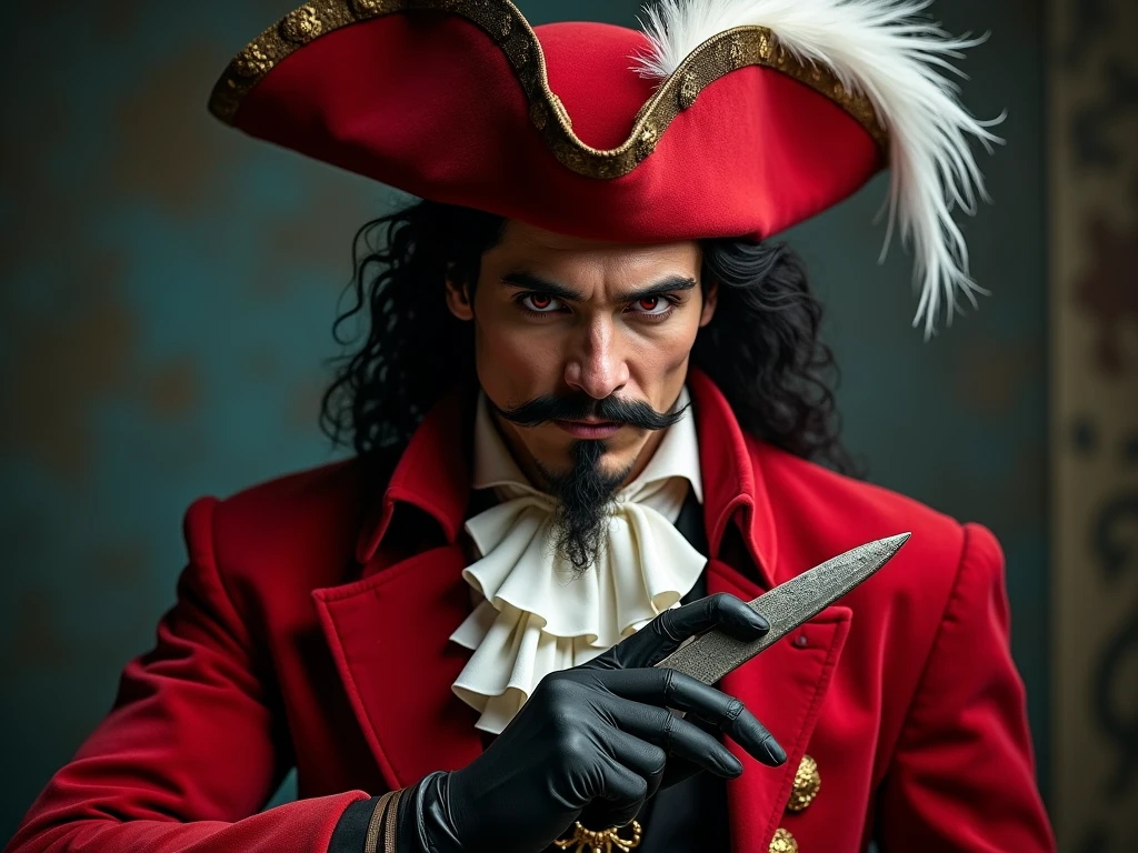 A man in a predominantly black pirate outfit with a high-collared jacket with pistols on the open part of the jacket and a red shirt, a carved skull on the left part on top of the jacket, a large round hat with parrot feathers, a cape and a mask like ninja in the part covering the neck to the nose 