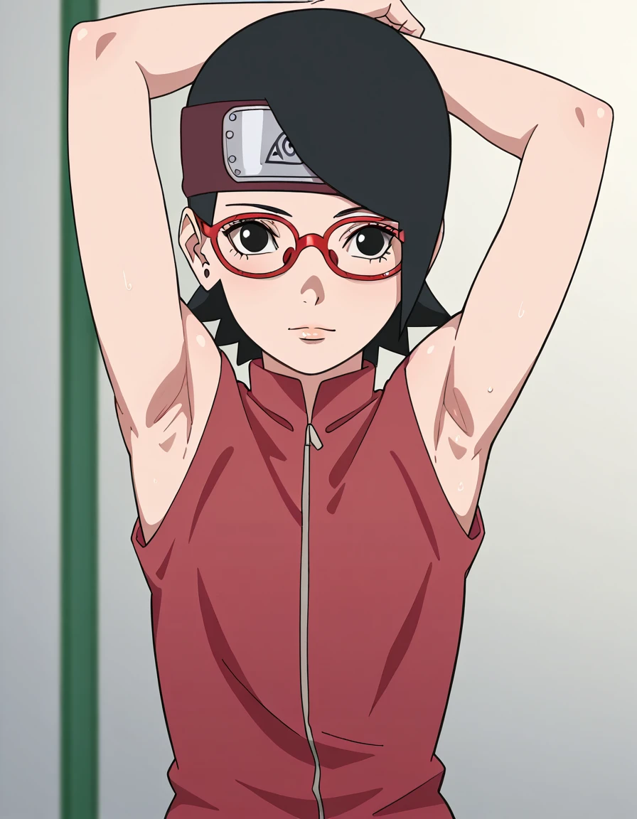 Boruto,(sarada uchiha, short hair, black hair, black eyes, red-framed eyewear, glasses, swept bangs,(Armpit:1.3)，(スチーム，スチームimg:1.1)， 赤いドレス,恥ずかしい