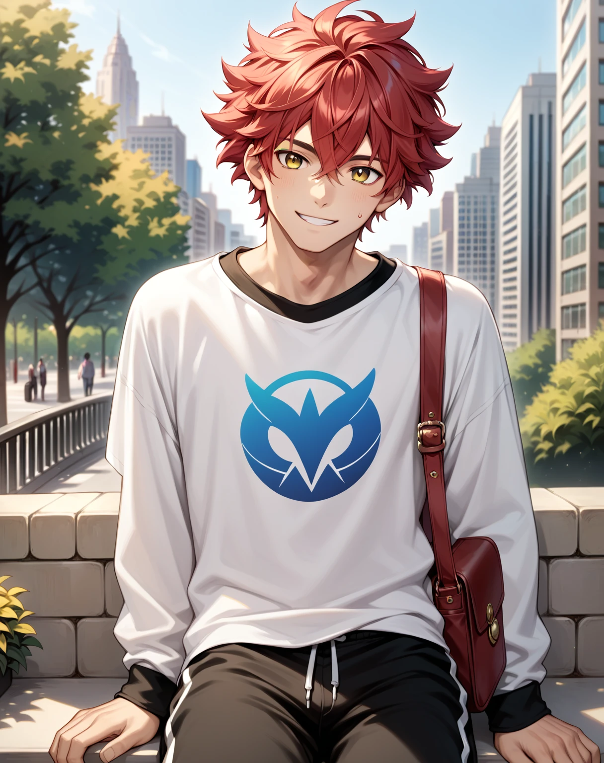 core_9,score_8_up,score_7_up,),score_9,score_8_up,score_7_up, {{anime, cowboy shot, source_anime, outdoors, city, park, colorful, vibrant, looking at viewer, solo, sitting on ledge}} male, handsome, cute, crimson hair, short hair, fluffy hair, crossed bangs, sweatpants, oversized shirt, satchel, gentle smile, head tilt. vPositive
