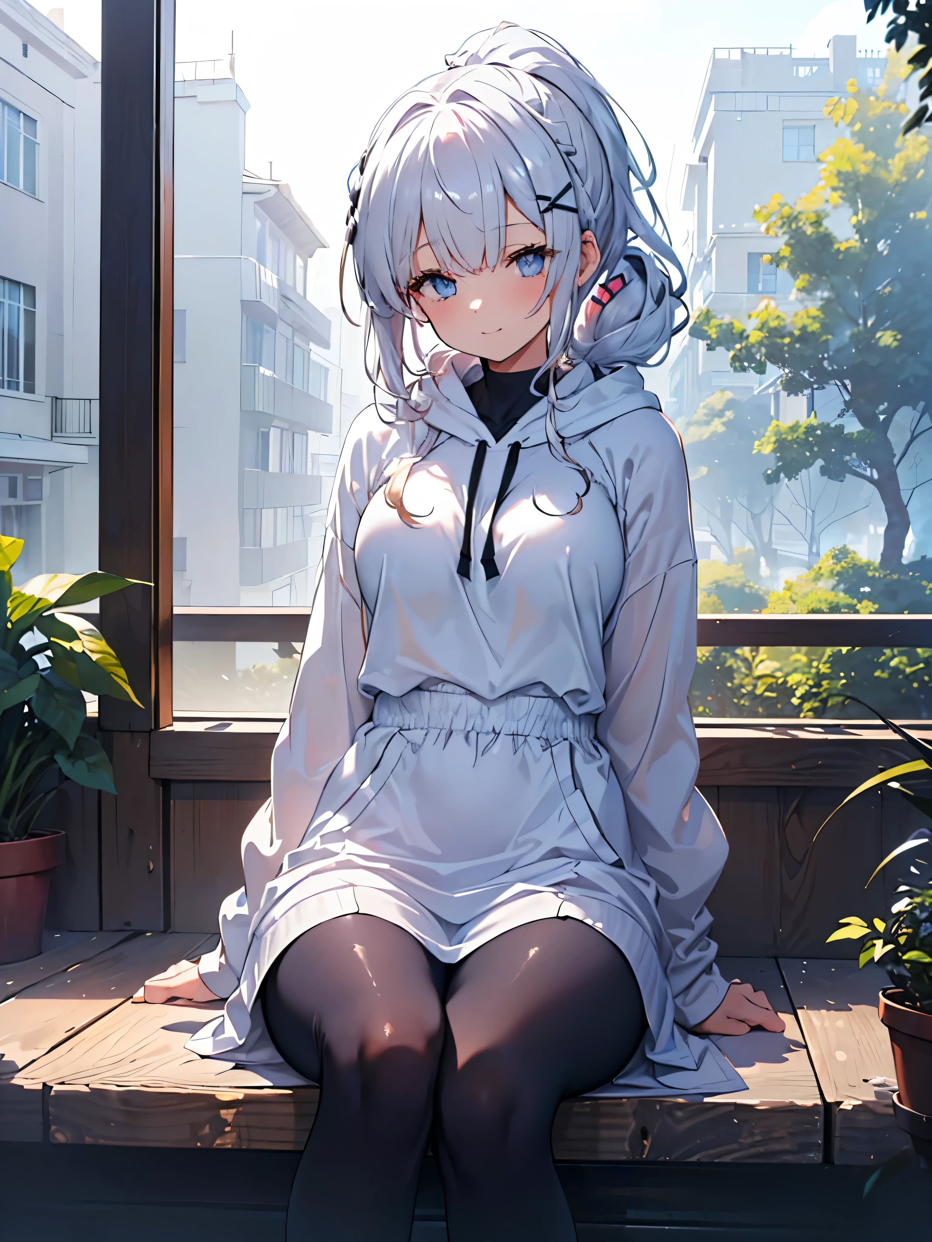  one girl , Curly Ponytail, smile,  blue eyes , Wear a white hoodie, (terrace）, (（morning）), masterpiece, 8k,  Full Photo, The perfect outfit,  perfect anatomy, Sharp resolution,  shallow depth of field ,  Soft Shadow ,  casual and relaxed atmosphere , Natural light pours in, Hair clip, Beautiful breasts、Black tights、20 years old