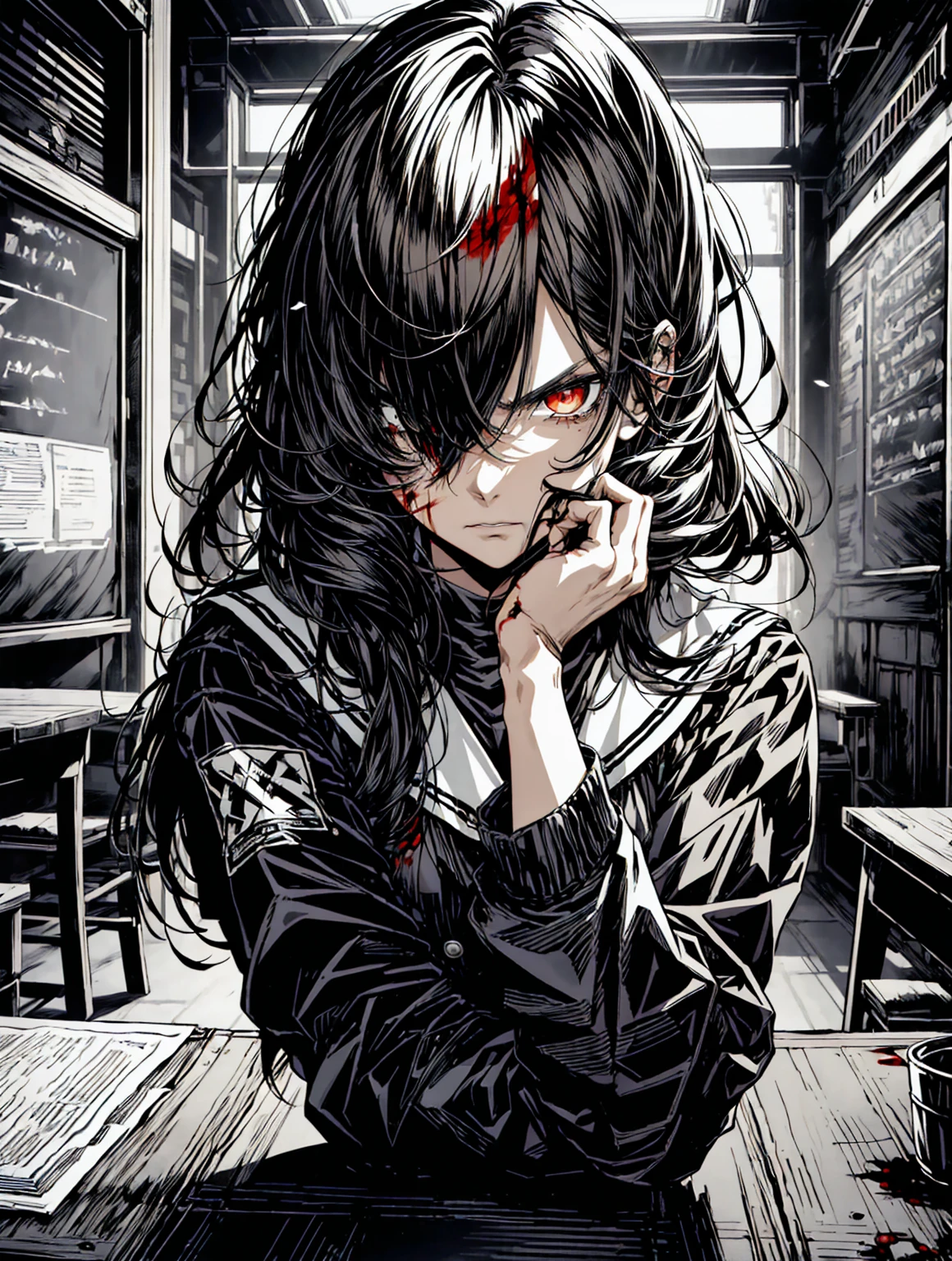 a woman drawn in anime style, black shoulder length hair, black buttonup shirt withthe top few buttons unbottende showing the sides of her smal all with smal blood stains here and there but not any sign of injury, white suit pants also with bloodstains here and there, a collar looking somehwat reminicent of a belt around her throat with a chain connecting to it ledding away, she is sitting leaning her back against a bed with a window in the backround looking out on the city at night