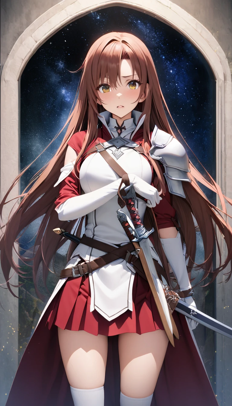  yuuki asuna ,nsfw,masterpiece, Highest Quality — 1 Person of Women, arms, sword, Alone of, length_hair, Chest, keep, keep_arms, keep_sword, armor, The brown of_hair, Weaving,  Knee Socks, ofmy_ Shoulder , The brown of_eye, skirt,  sword camera, of_sleeve , sheath, White of_skirt, White of_ Knee Socks, red of_skirt, Divide_lips, Front hair, Shine, , Chest, Shine_arms, unsheathed,  fantasy in a starry sky, skirt, length_sleeve , Gloves, vitality, Shine_sword, magic, cowboy_photograph, White of_Gloves, White of_sleeve , very_length_hair,  is standing, keep_sheath, unsheathing