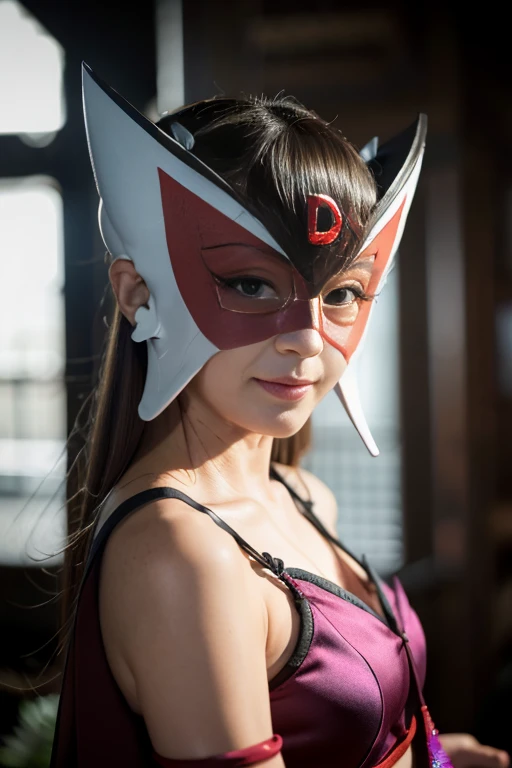 beautiful Japanese woman, 45 years old, naughty face, seductive grin smug, sweat, depth of field, obscene gaze, Doronjo's mask and costume, dynamic pose, masterpiece, best quality, ultra detailed