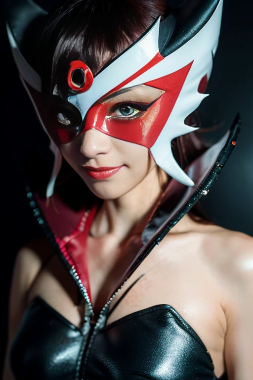 beautiful Japanese woman, 45 years old, naughty face, seductive grin smug, sweat, depth of field, obscene gaze, Doronjo's mask and costume, dynamic pose, masterpiece, best quality, ultra detailed